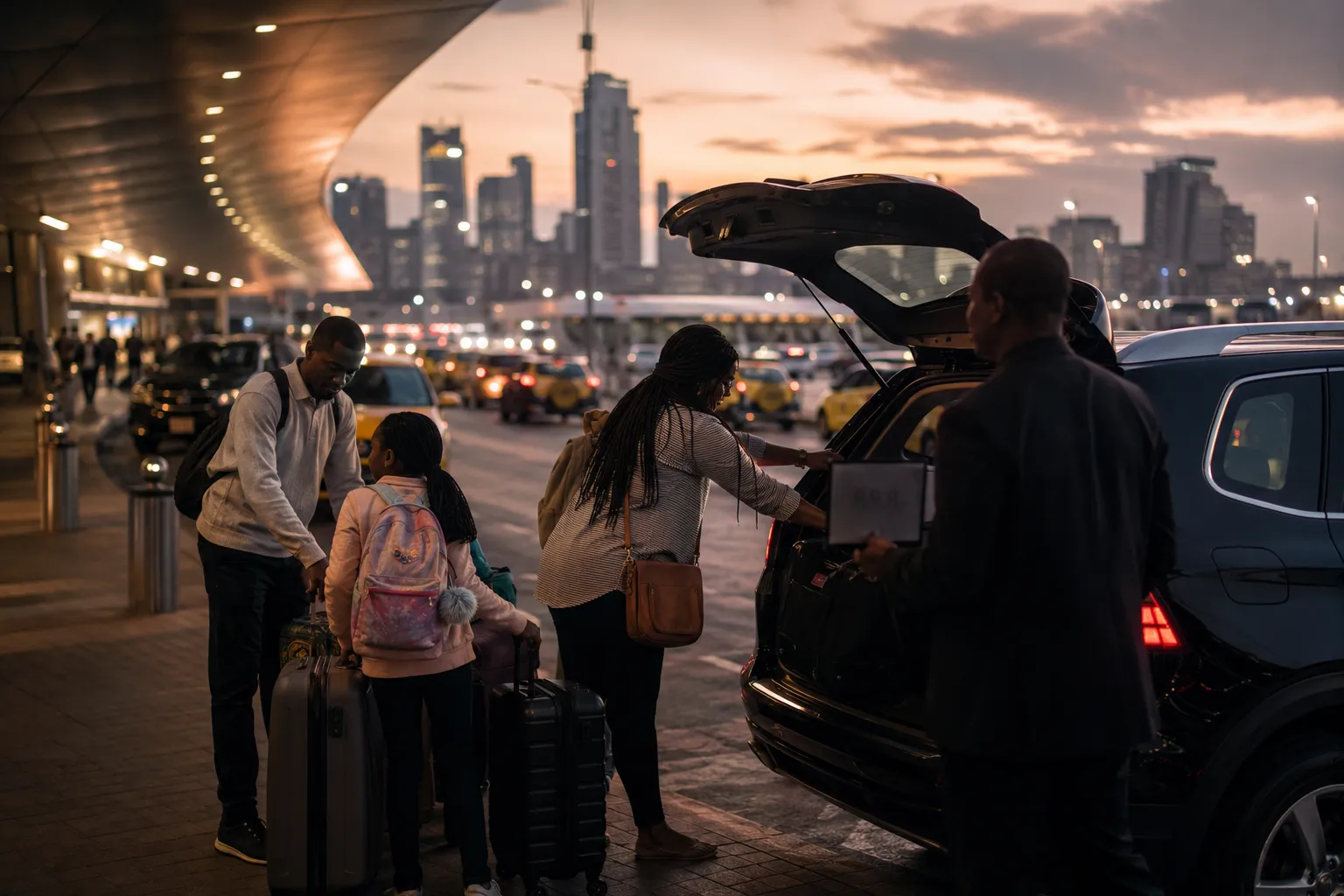 A private transfer waiting at the curbside pickup zone outside the terminal at dusk