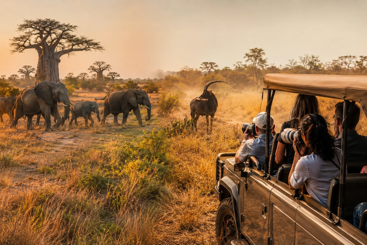 Elephants and a safari vehicle in Kissama National Park