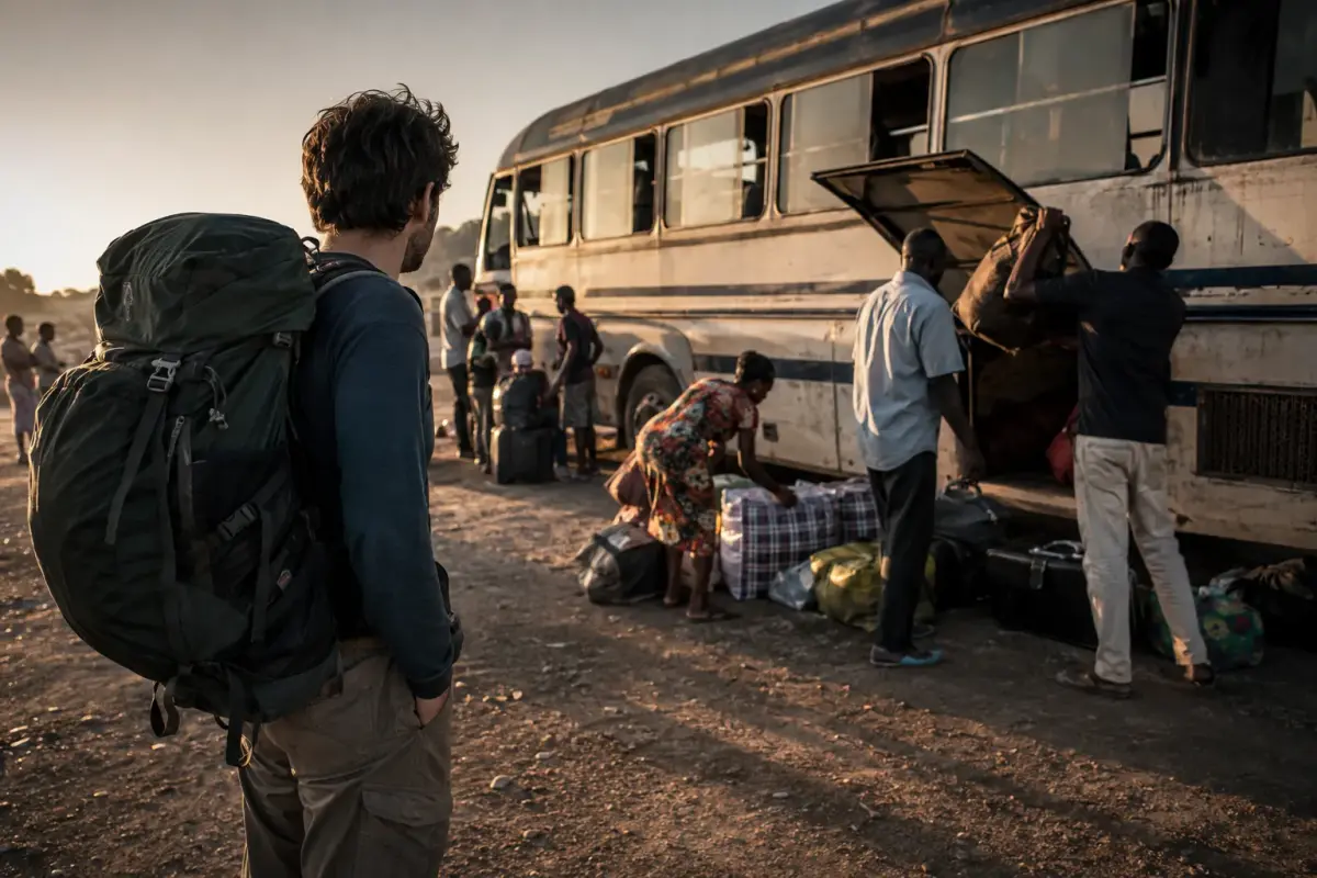 A backpacker waiting beside a long-distance bus in an Angolan city at dawn