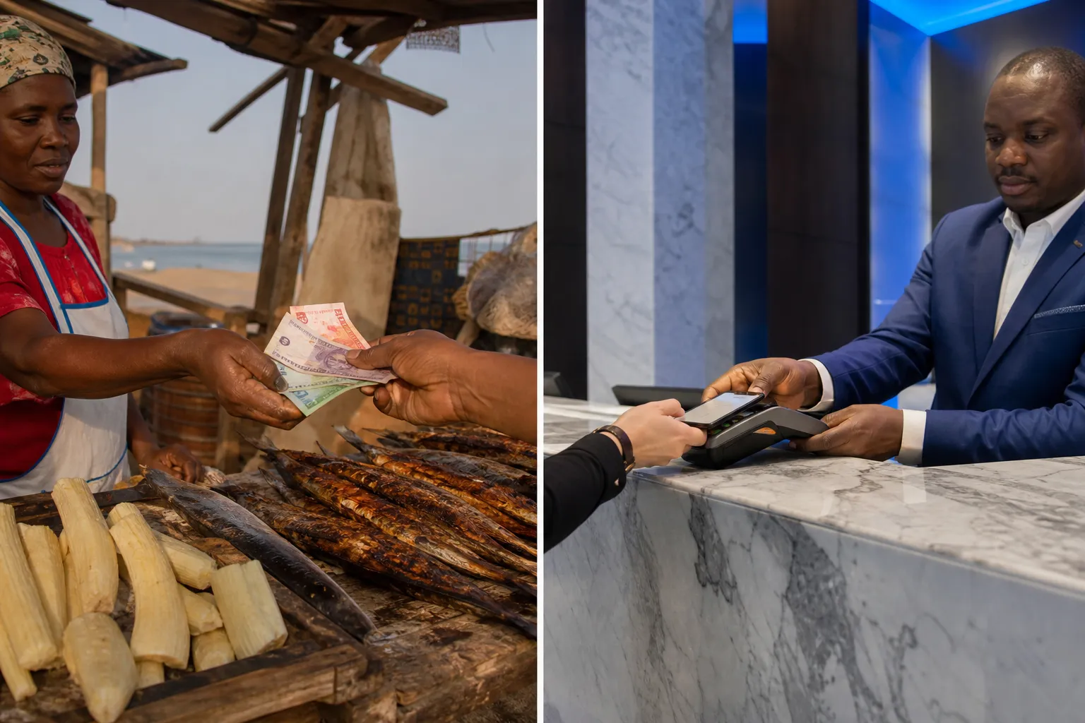 Paying with cash at a market and by card at a hotel in Angola
