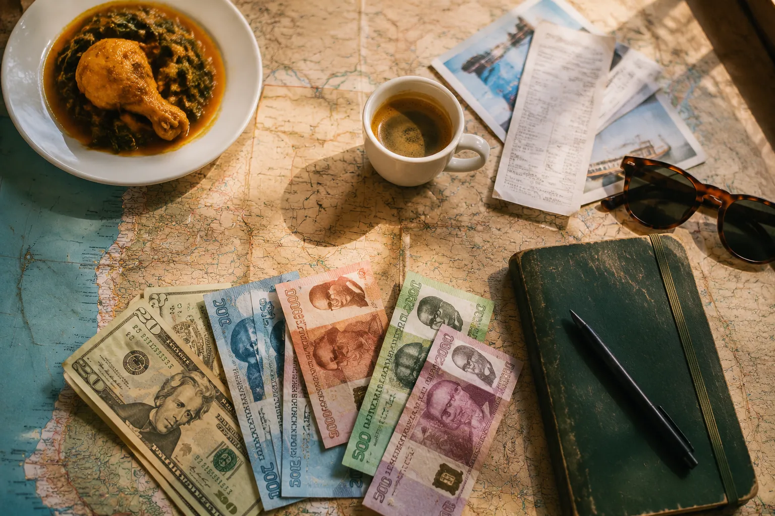 A traveller’s daily budget in Angola laid out with kwanza notes and receipts