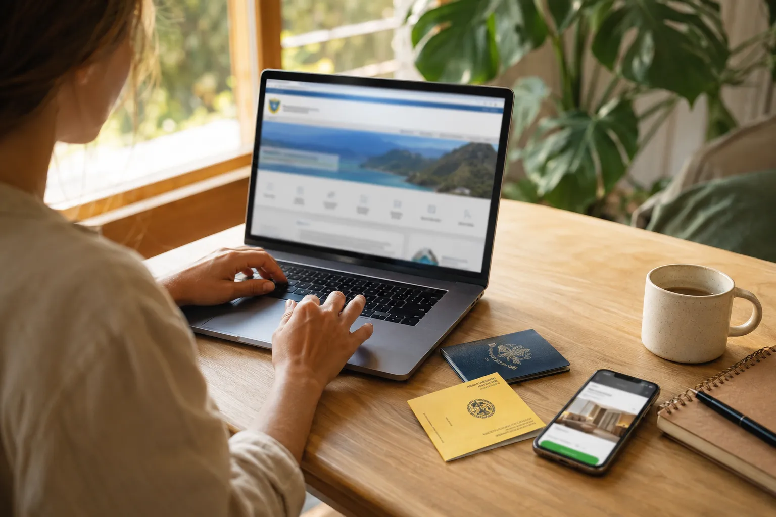 A traveller preparing an online visa application with passport and yellow fever certificate on the desk