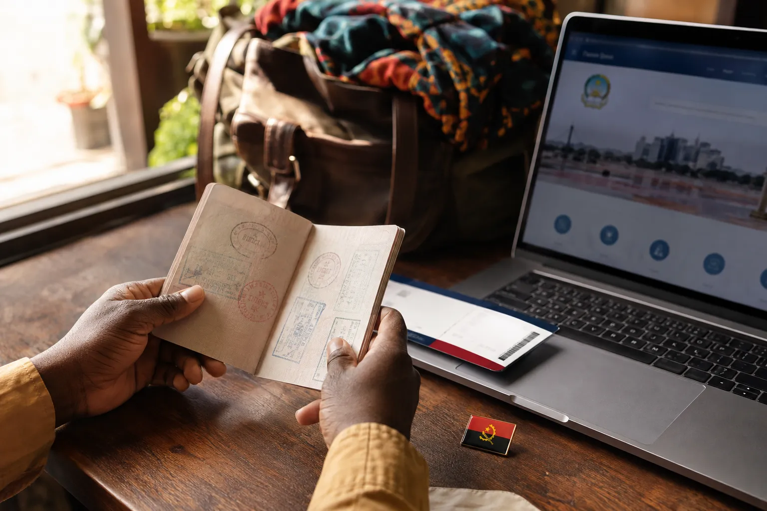 A traveller's hands holding an open passport beside a laptop showing an official visa portal