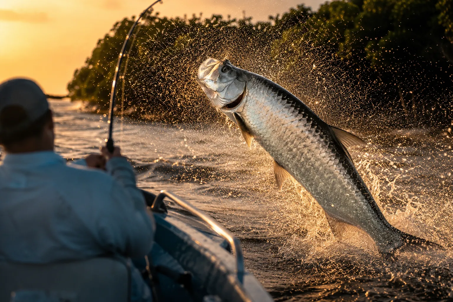 A tarpon leaping from estuary water at golden hour with an angler holding a bent rod in the boat