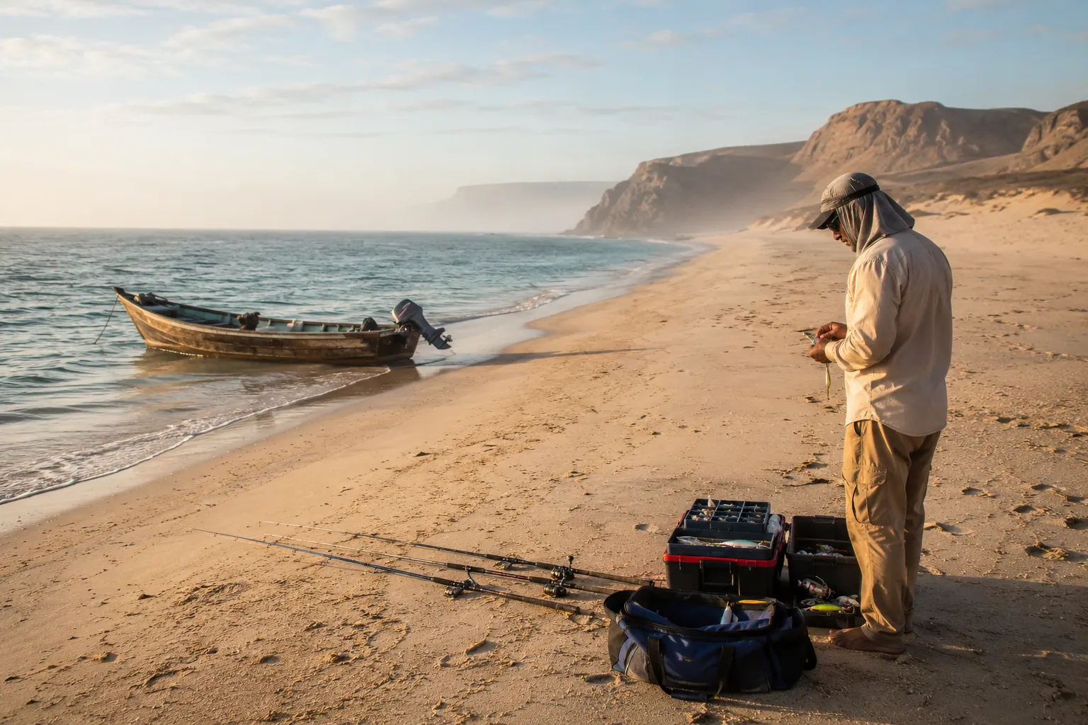 A small boat drawn up on an empty Angolan beach at dawn with an angler sorting tackle