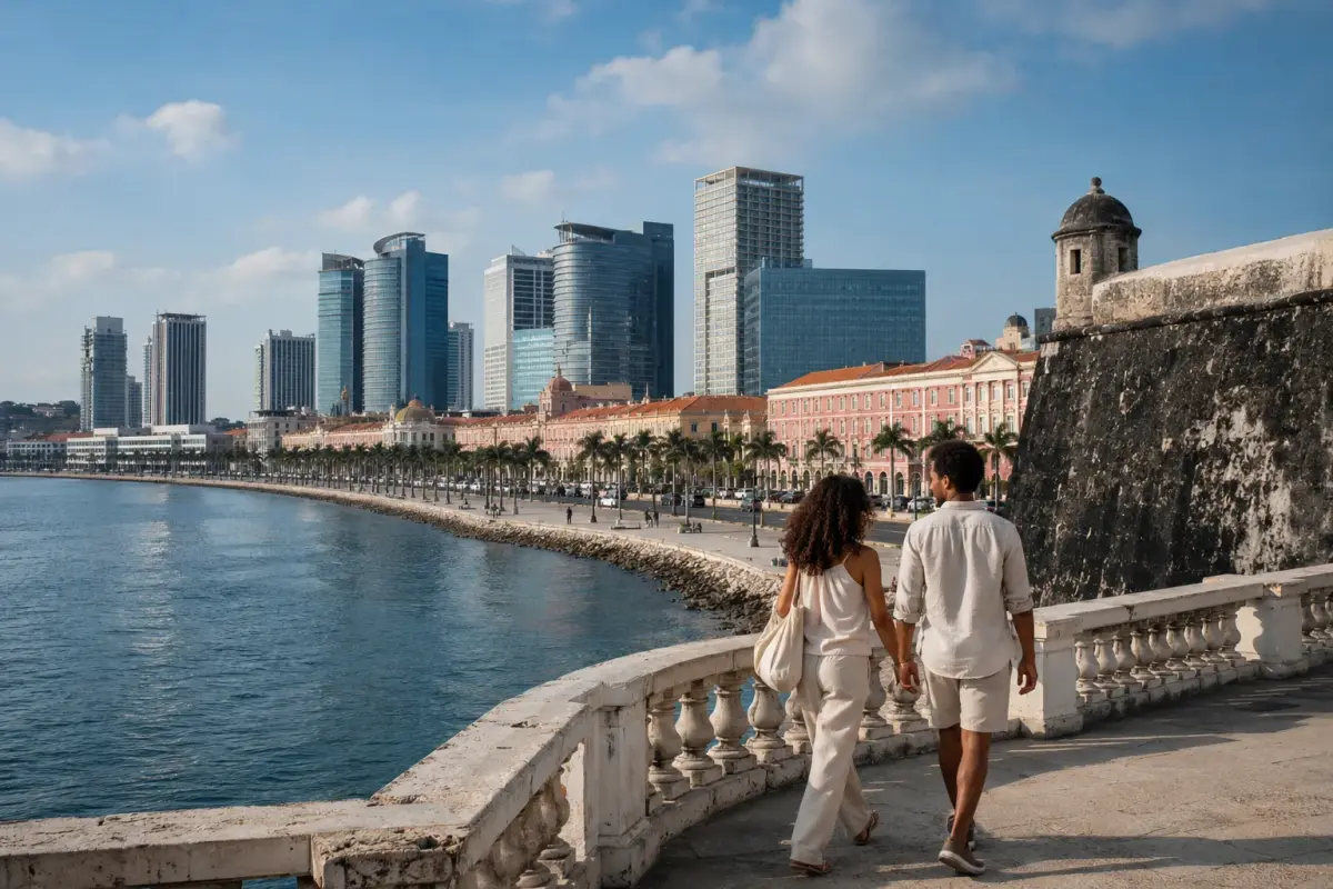 The Luanda waterfront promenade with palms, colonial facades and the Atlantic beyond