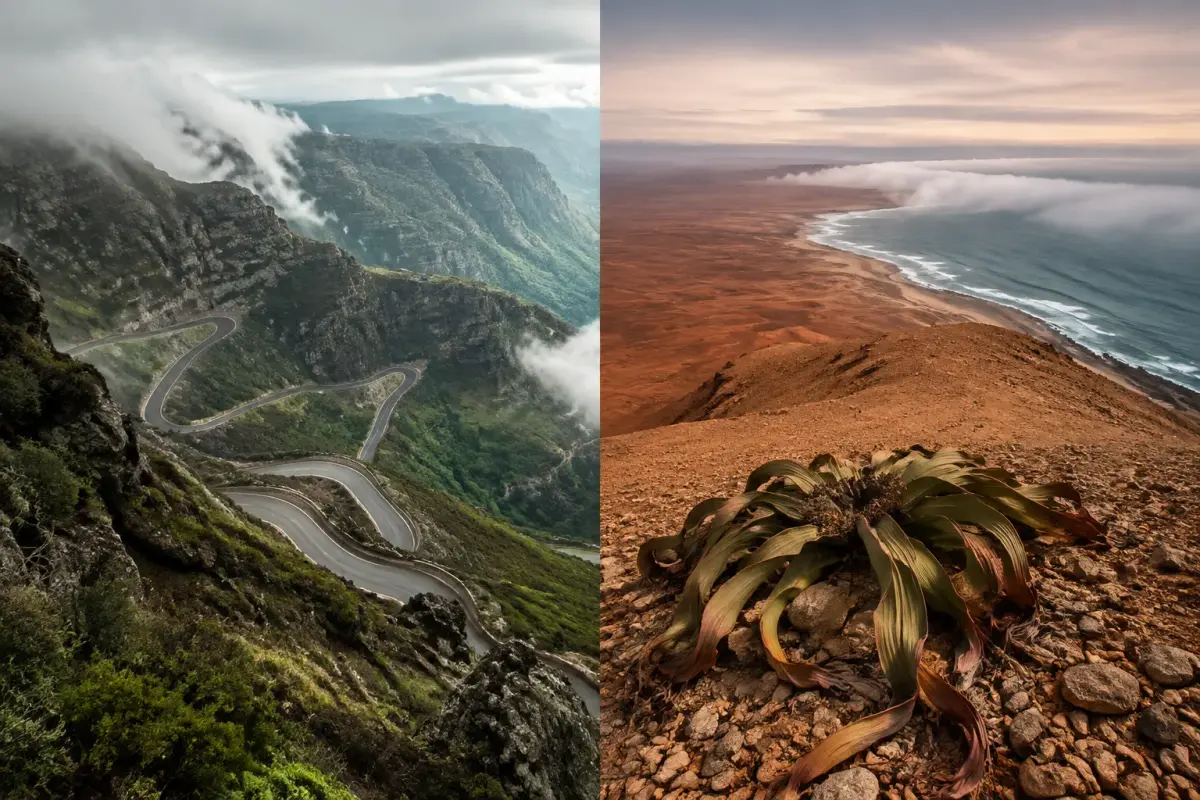 The Serra da Leba pass winding down a misty escarpment beside the desert plain meeting the Atlantic