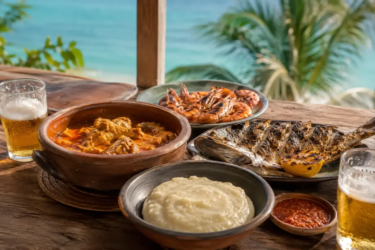 A table of Angolan seafood and palm oil stew on a shaded coastal terrace