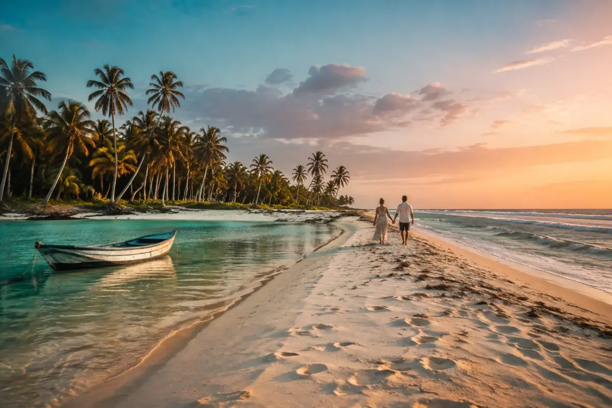 A couple walking along an empty white sand beach on the Mussulo peninsula at sunset
