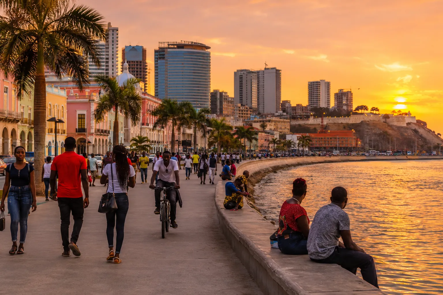 The Luanda bay skyline at sunset