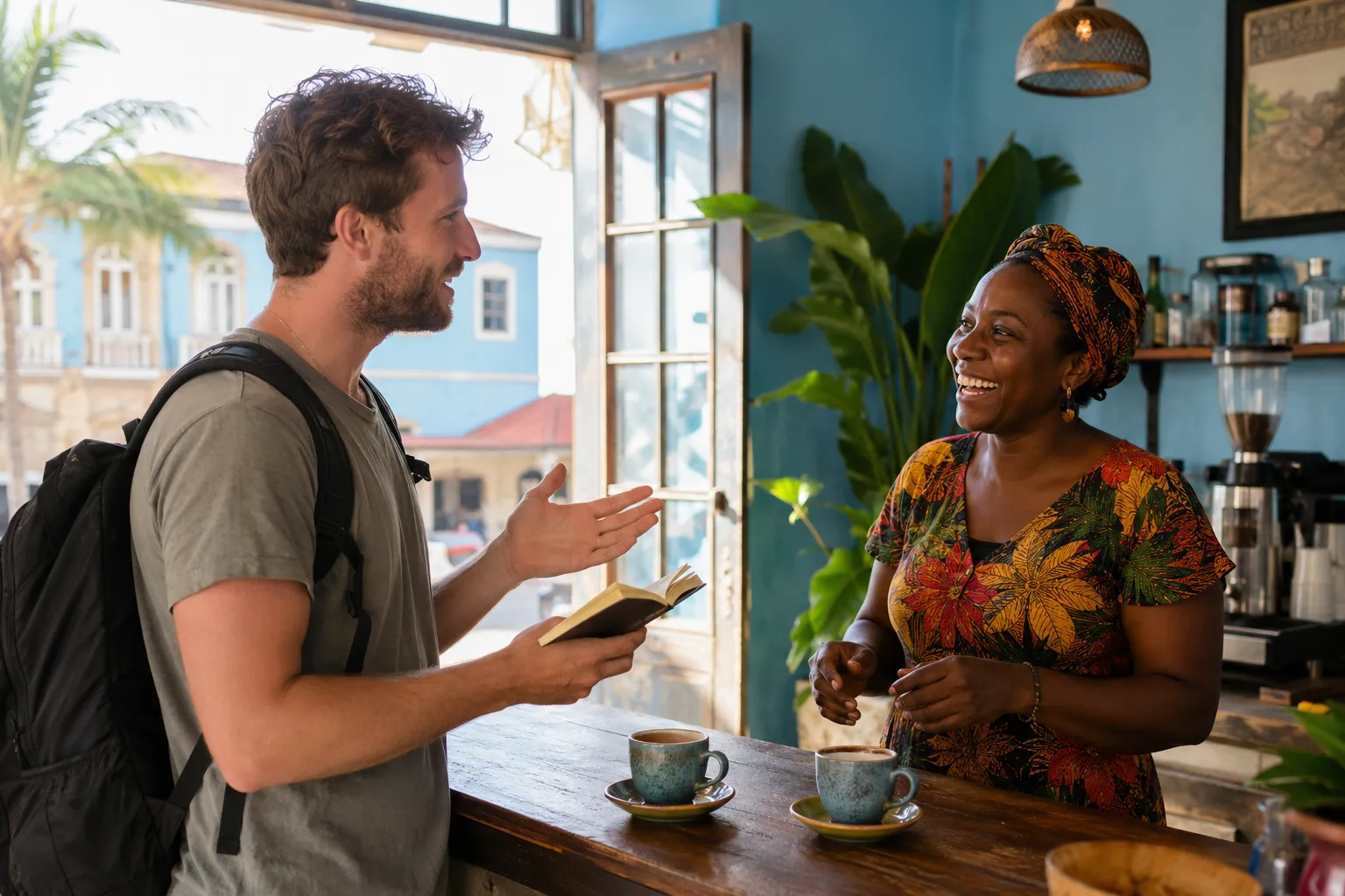 A traveller using a phrasebook with a local guide