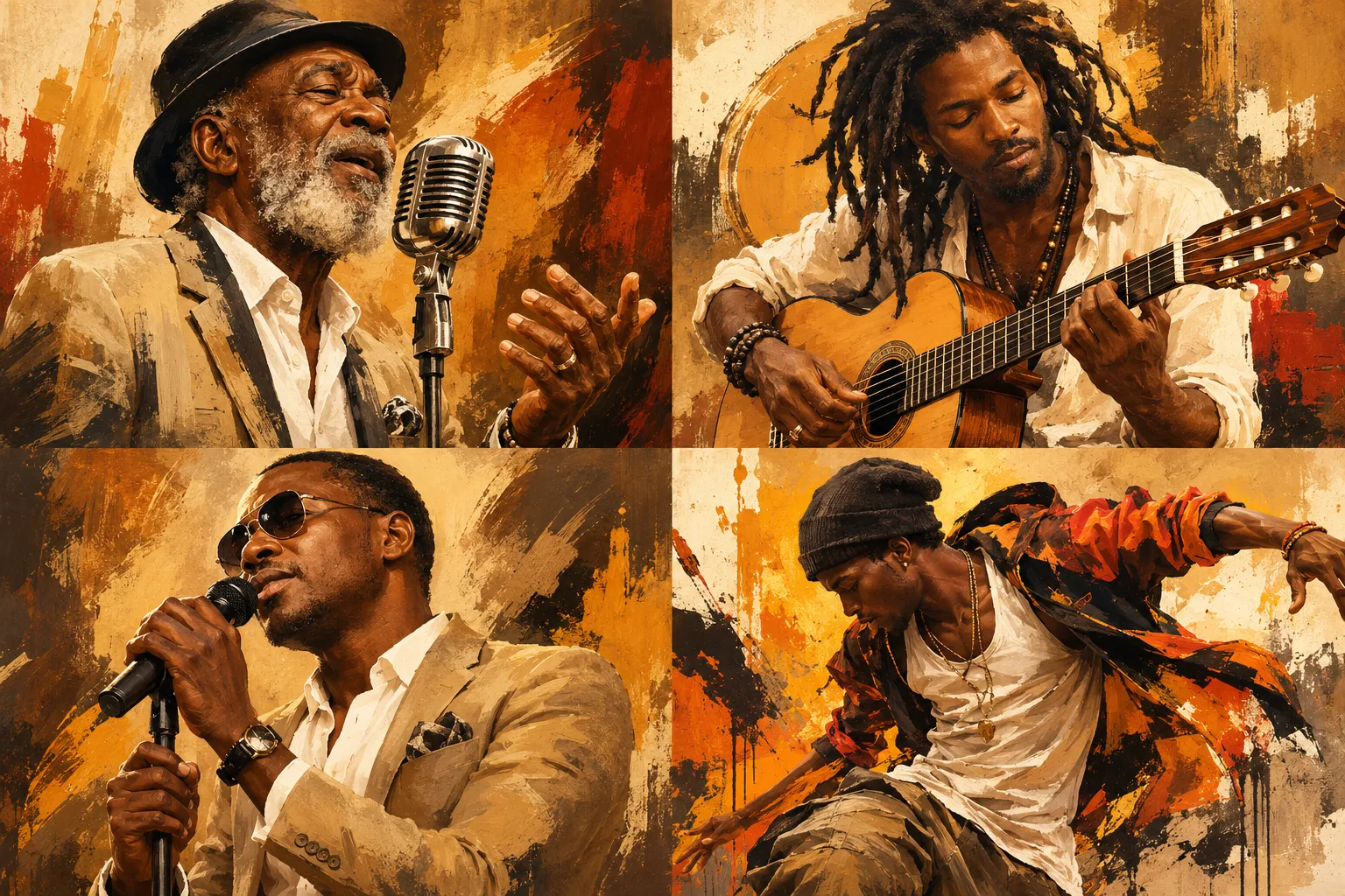 Painted portraits evoking four generations of Angolan musicians: semba, kizomba and kuduro