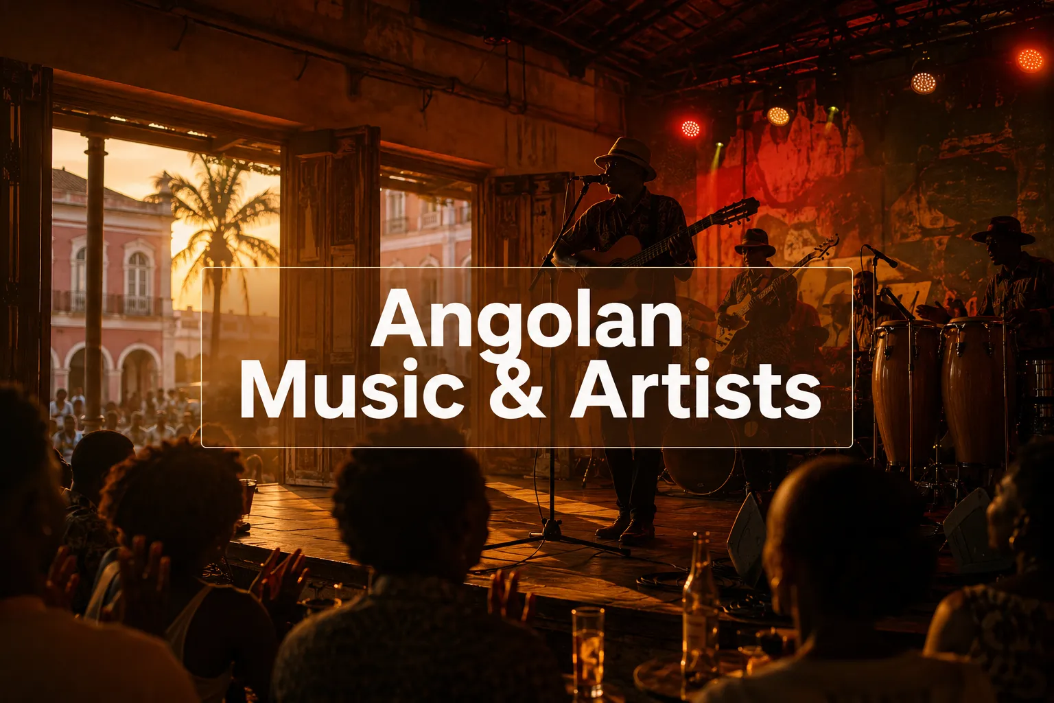 A live band performing in a Luanda music venue at golden hour