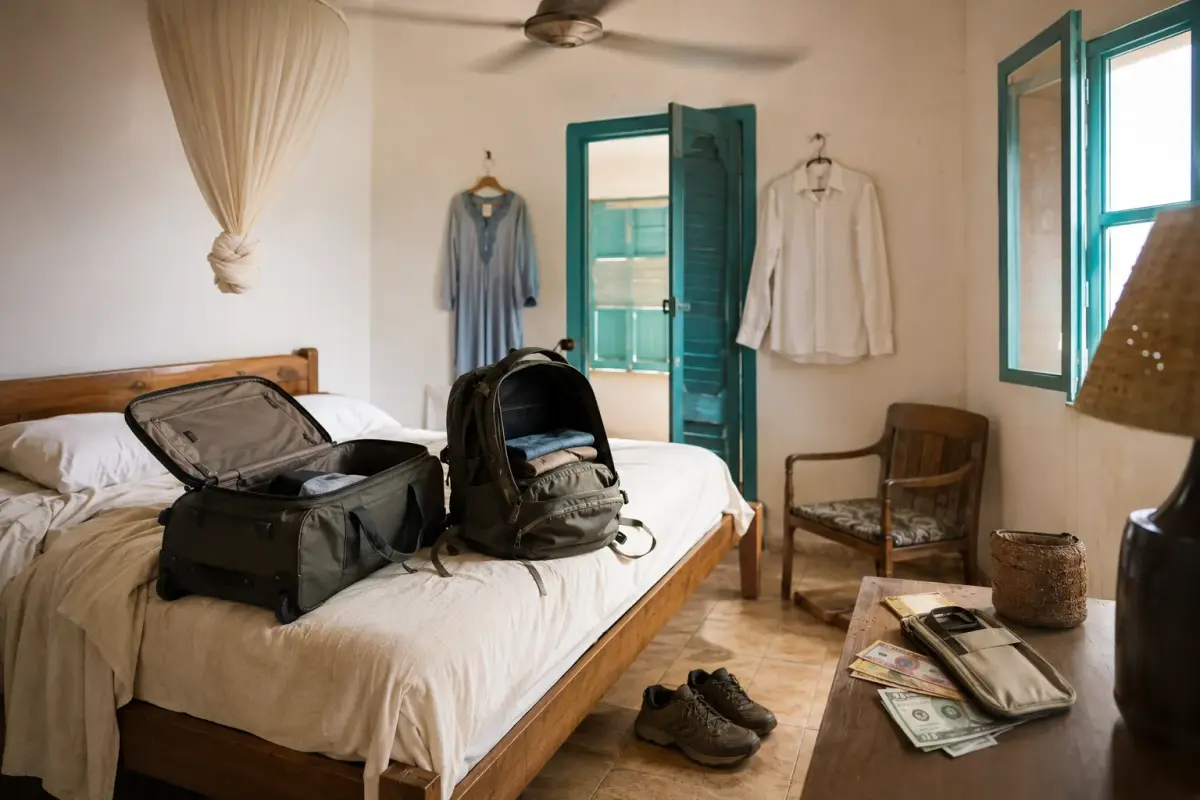 An open duffel and daypack in an Angolan hotel room with walking shoes and modest clothing