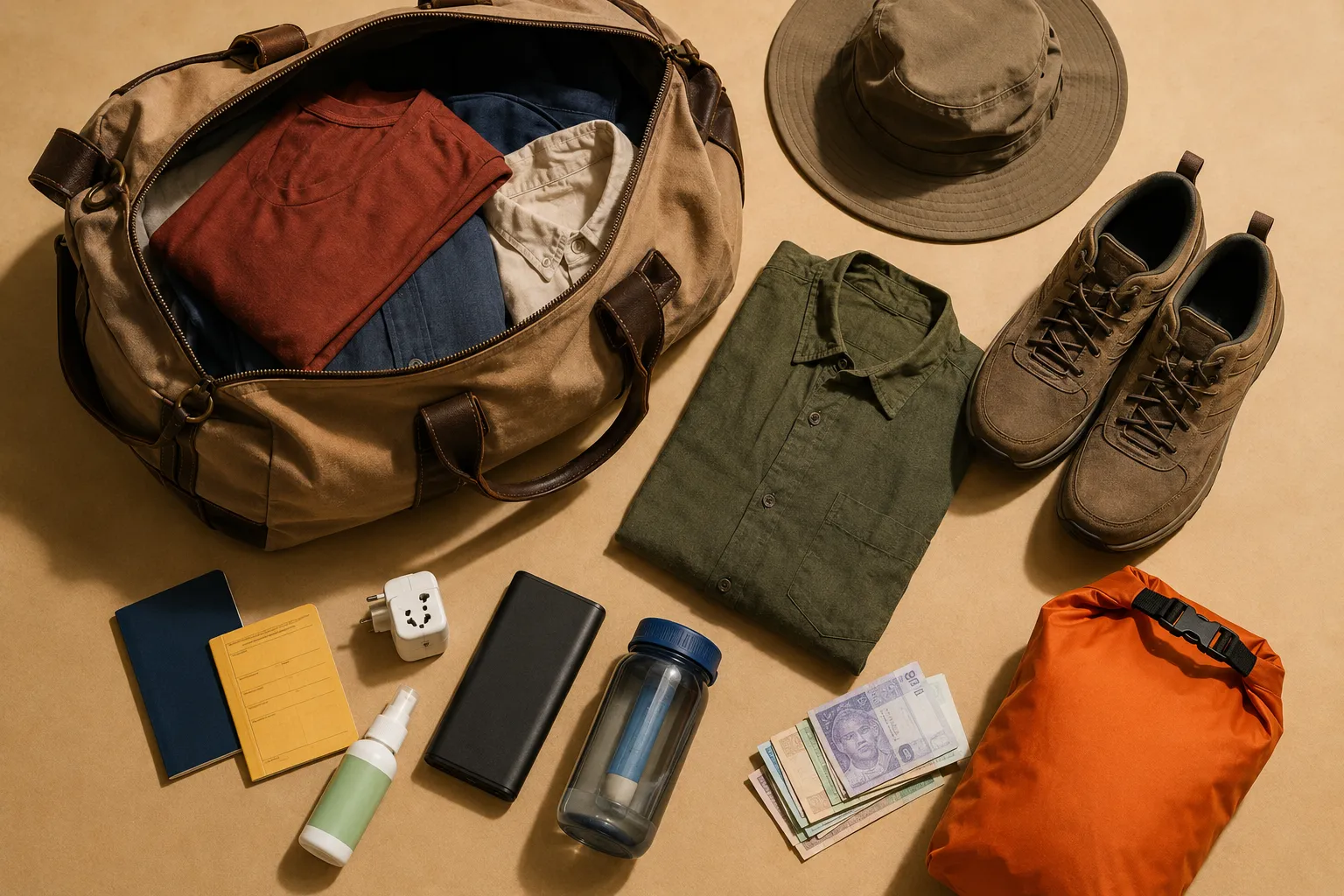An open backpack on a bed with folded lightweight clothing, a sun hat and walking shoes laid out beside it