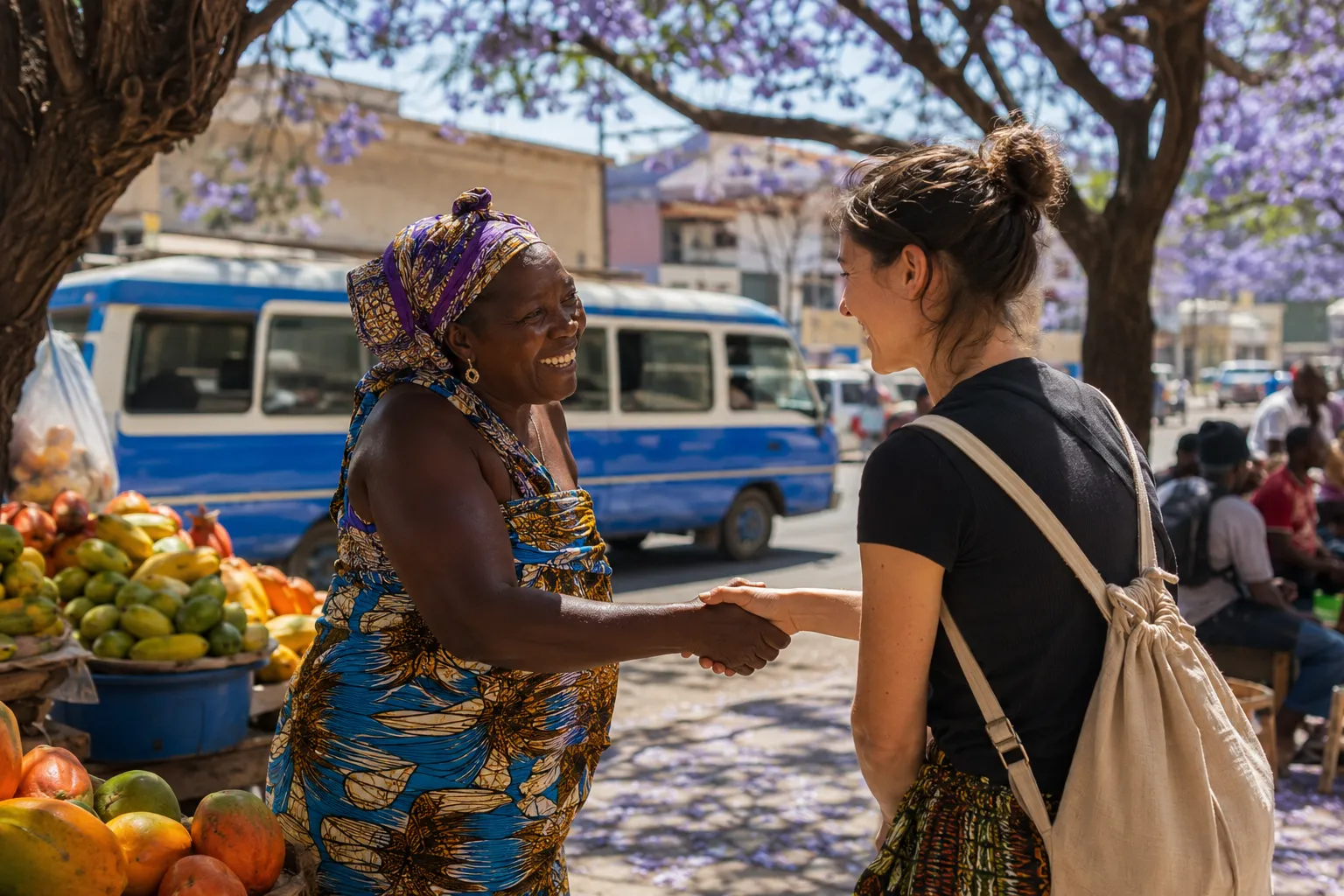 An Angolan market trader and a visitor shaking hands and smiling under a jacaranda tree