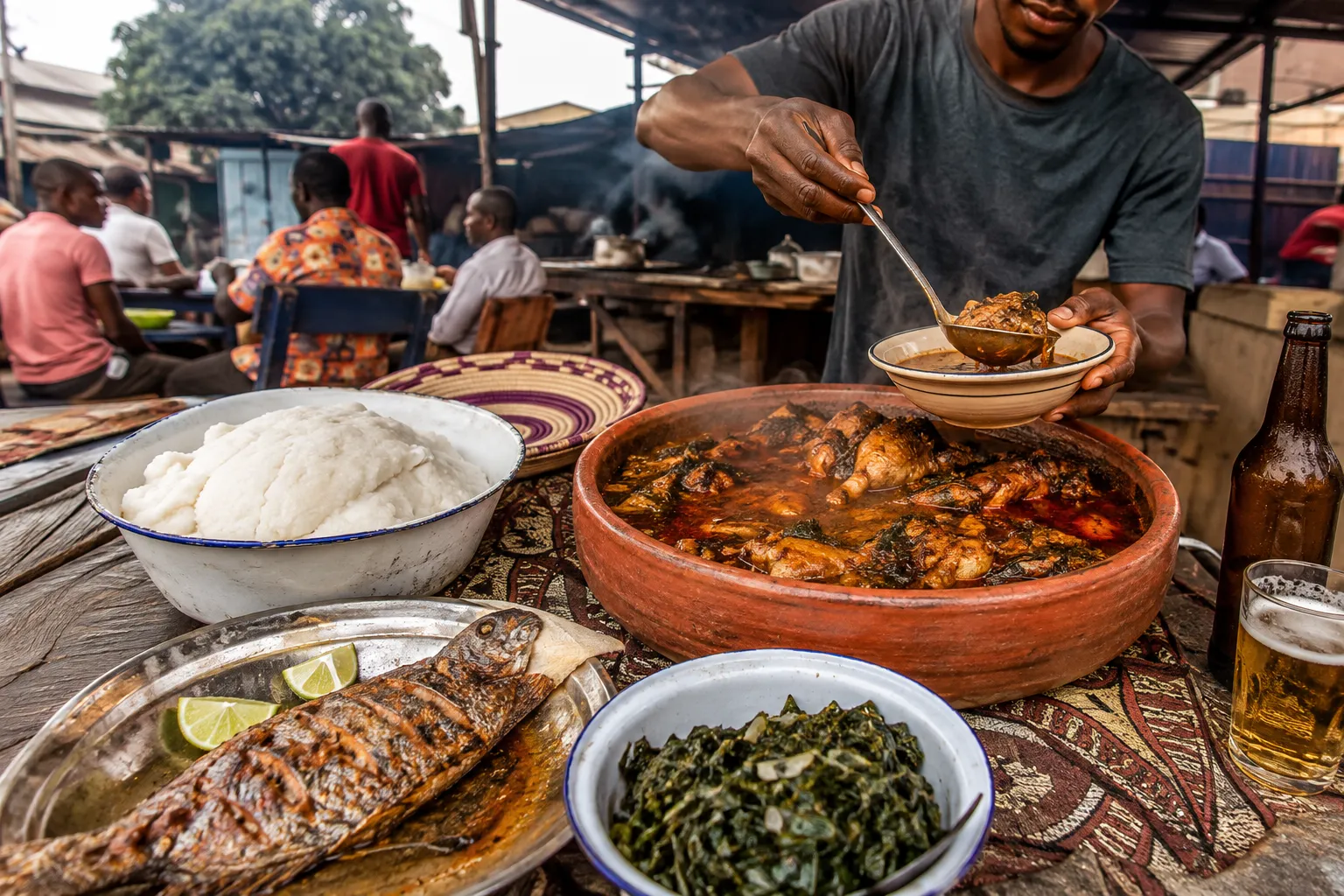 An open-air Angolan food stall with funge, stew and grilled fish being served