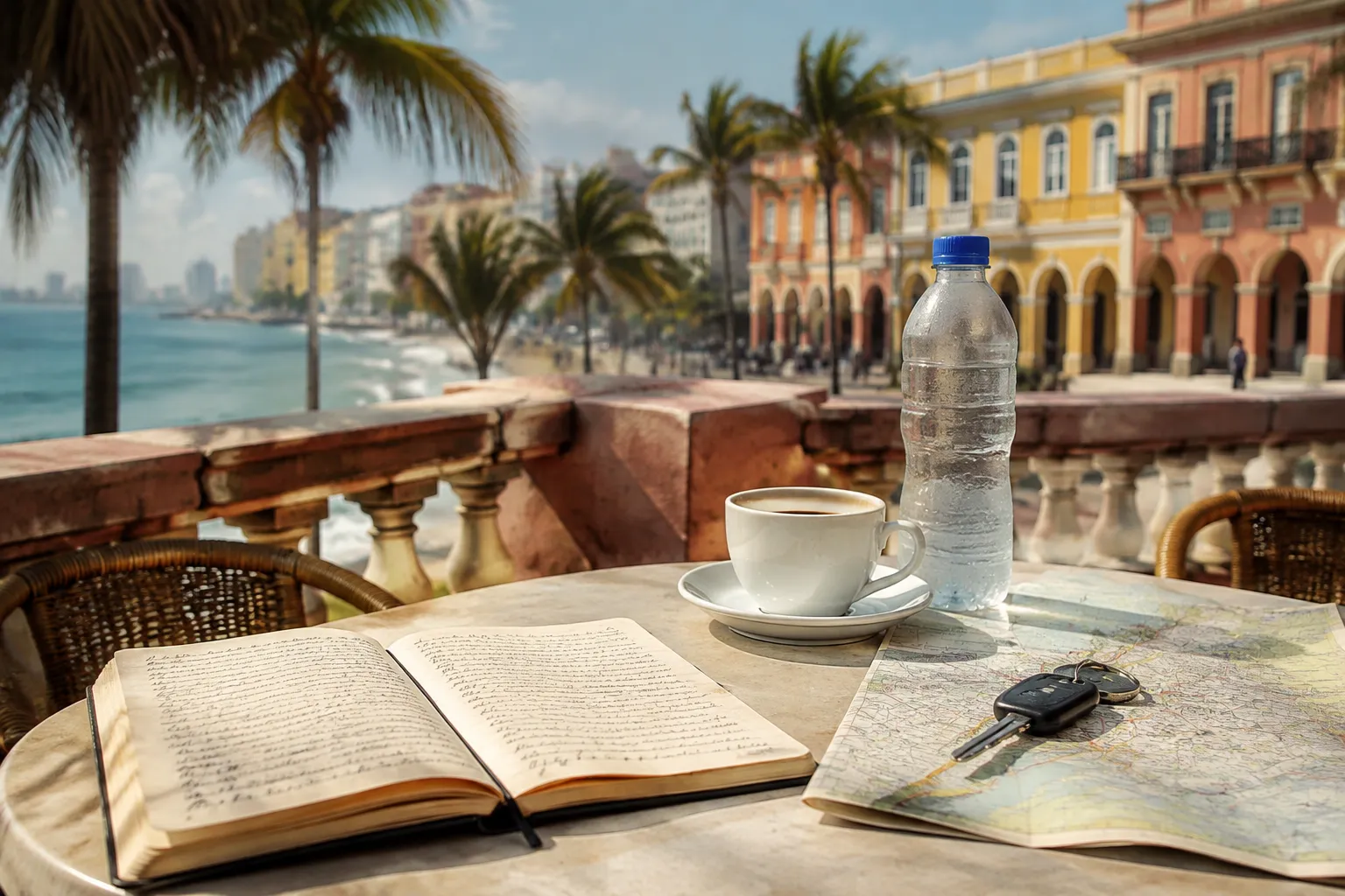 A cafe table on the Luanda seafront with a notebook, coffee and a folded paper map