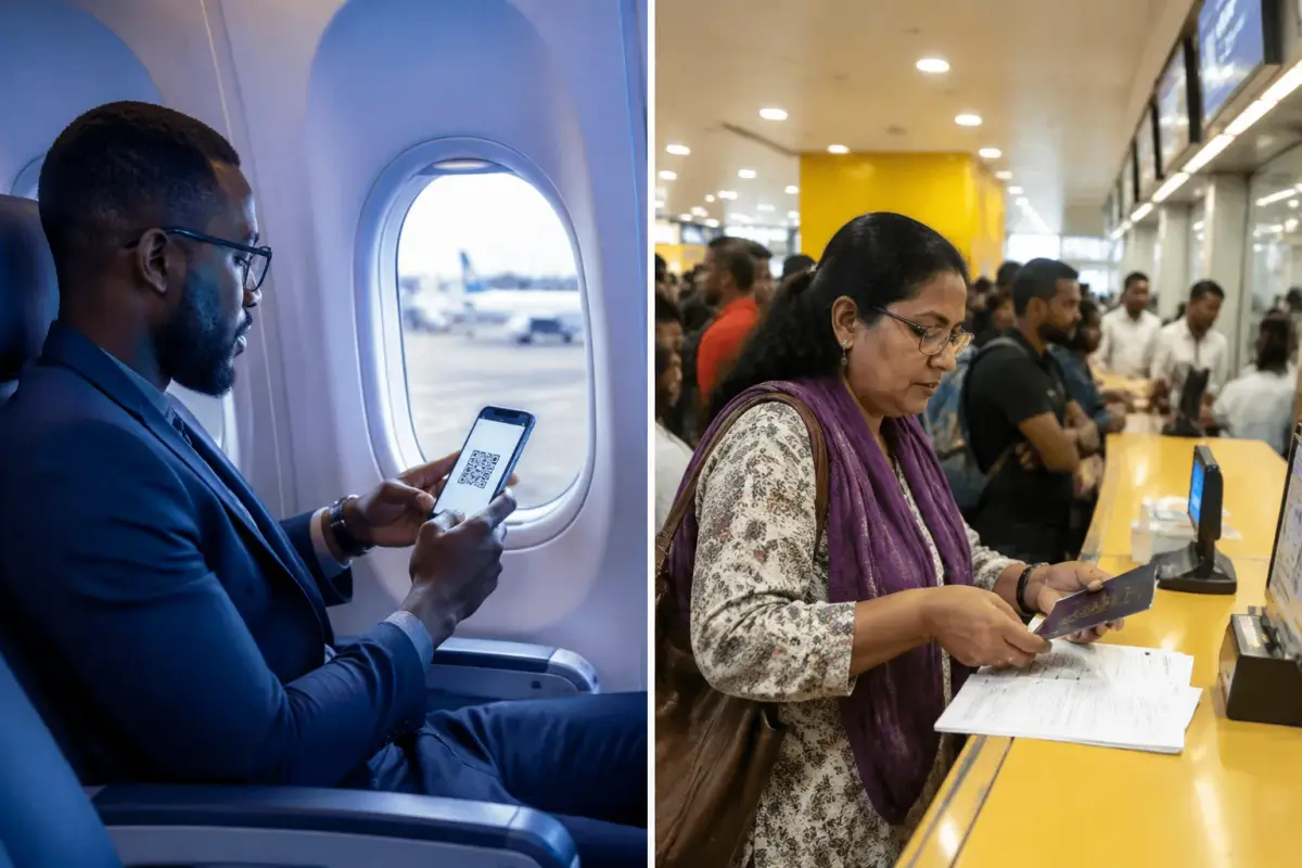 A traveller using a smartphone on board a flight to Angola