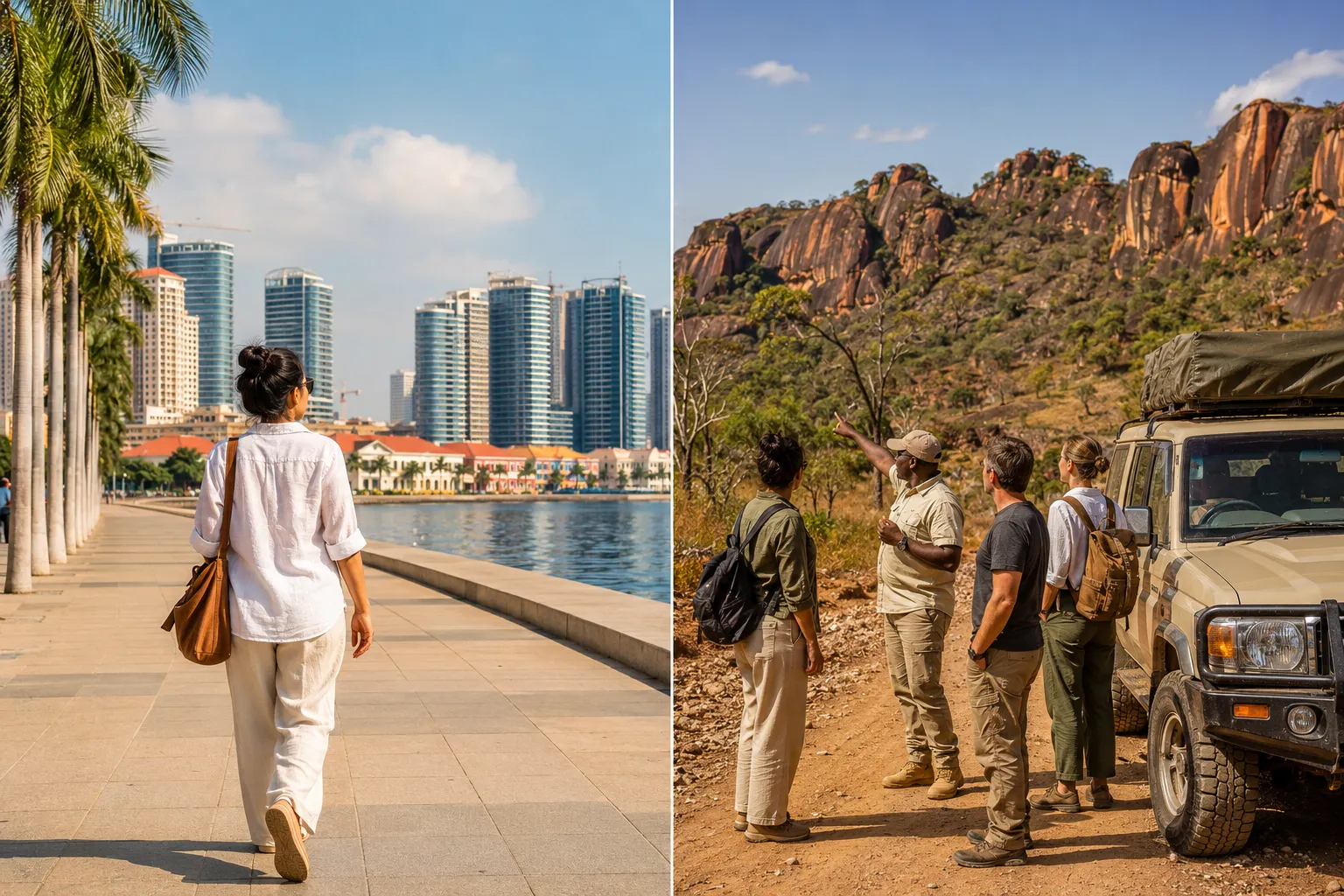 A solo traveller on the Luanda Marginal alongside a small group with a driver-guide in rural Angola