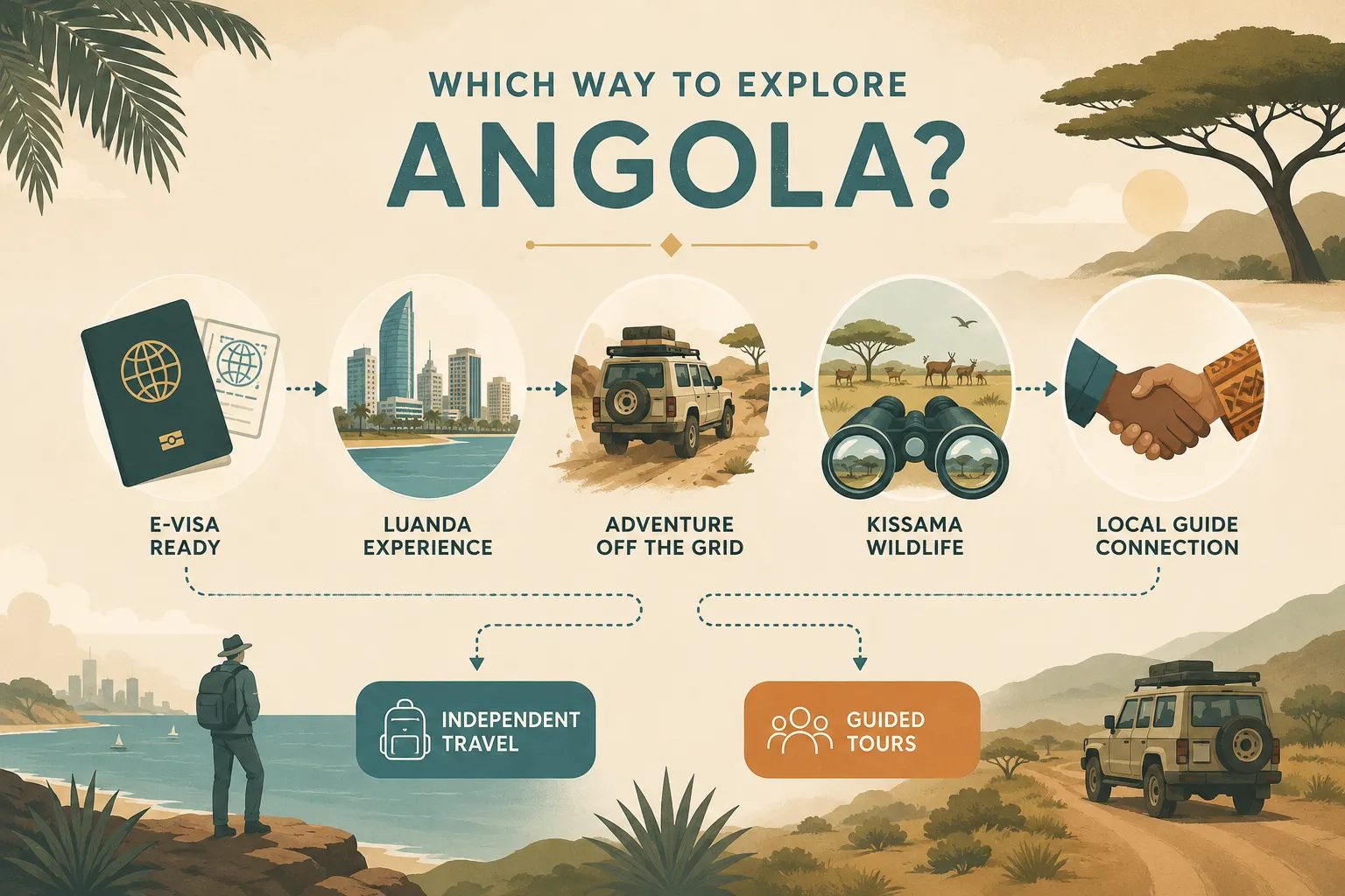 An illustrated decision flow comparing independent travel and guided tours in Angola