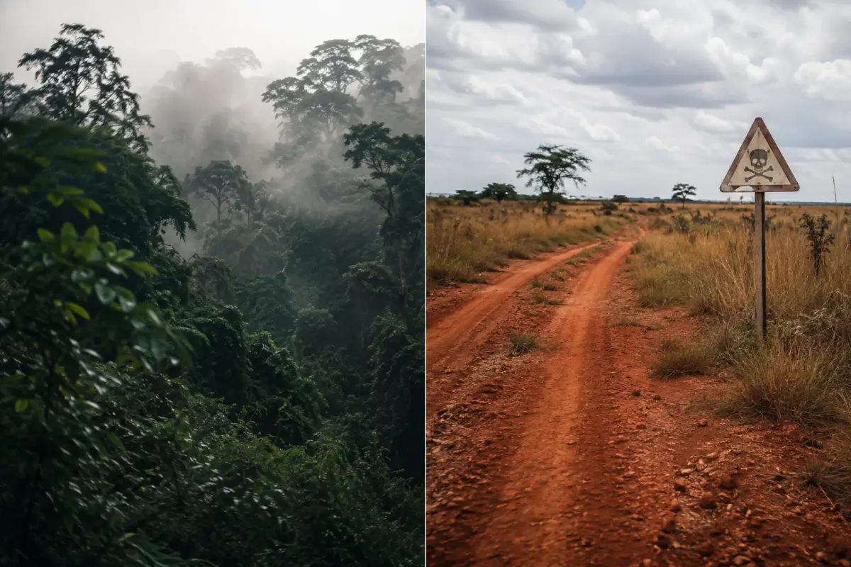 The Cabinda rainforest alongside a red-earth border track in Lunda Norte