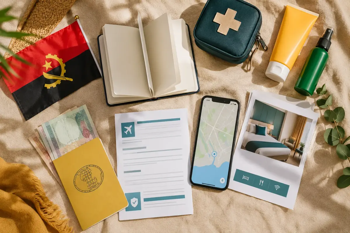 A flat lay of travel preparations: passport, vaccination certificate, insurance papers and kwanza