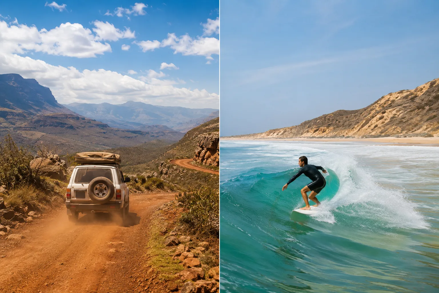 A rough highland road and the Angolan surf coast, the kind of activities policies often exclude