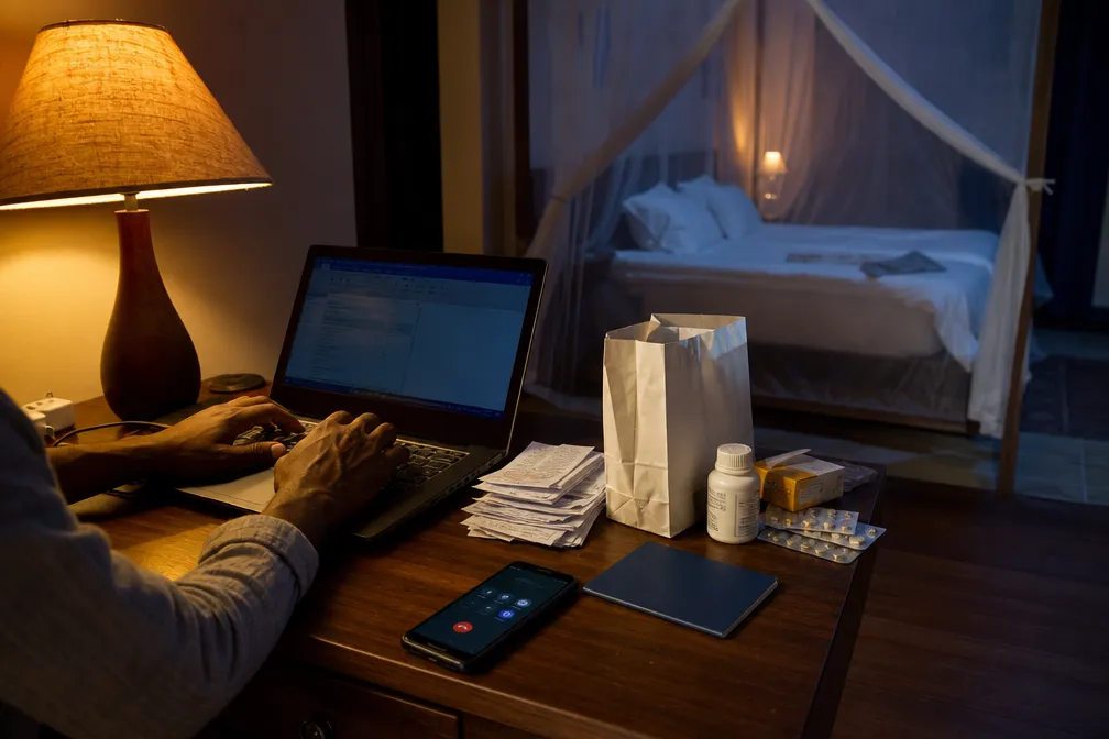 A traveller collecting receipts and medication to file an insurance claim from a hotel room