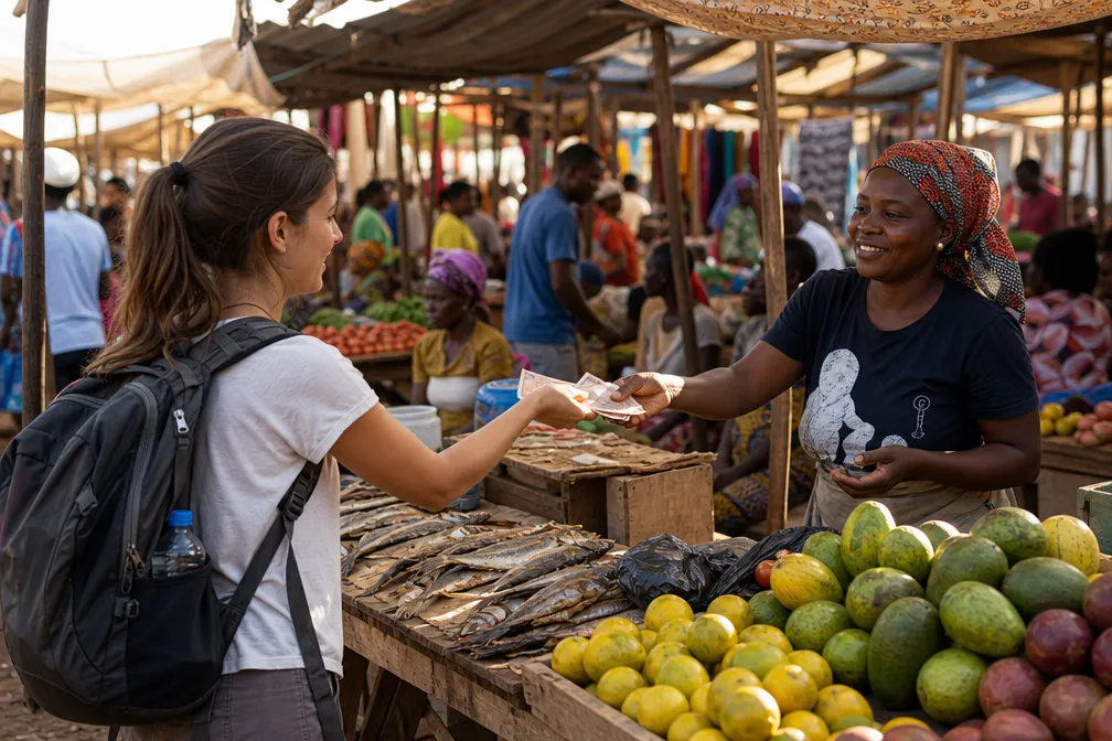 A traveller paying a vendor in kwanza at a market in Lubango