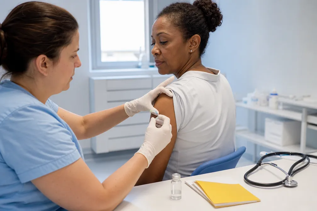 A nurse giving a yellow fever vaccination at a travel clinic