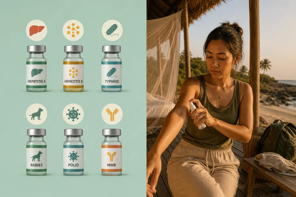 Recommended travel vaccines and a traveller applying insect repellent