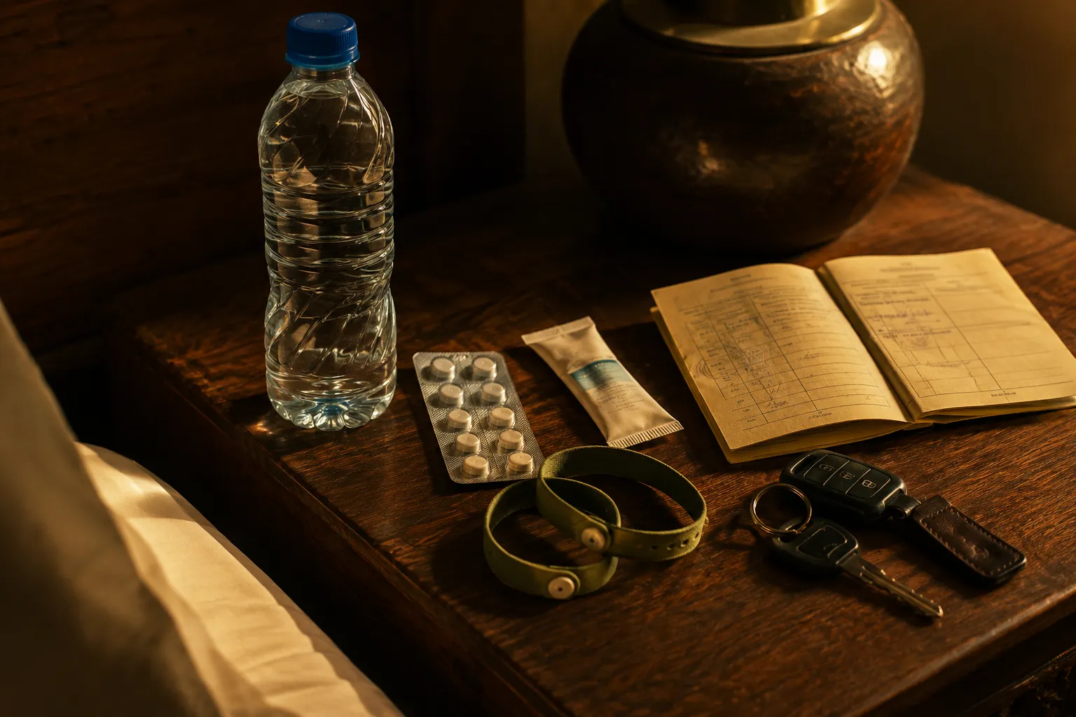 Malaria prevention and travel health essentials on a bedside table