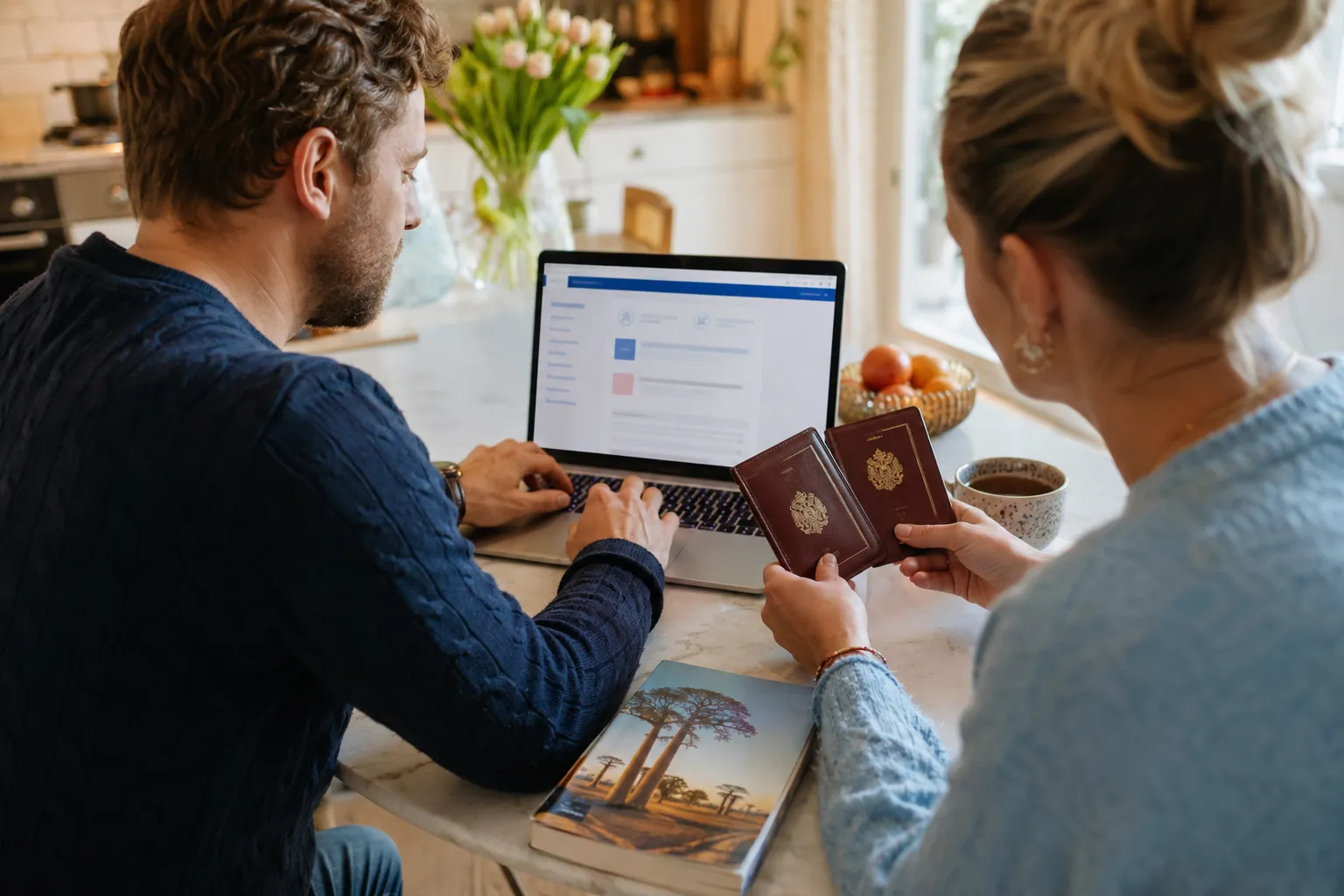 A couple applying for an Angola e-visa online with their passports and a guidebook