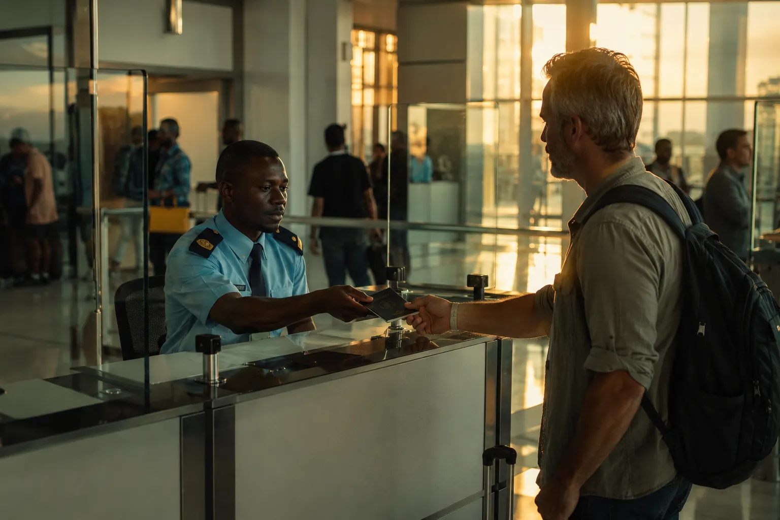 An immigration officer checking a passport at Luanda’s international airport