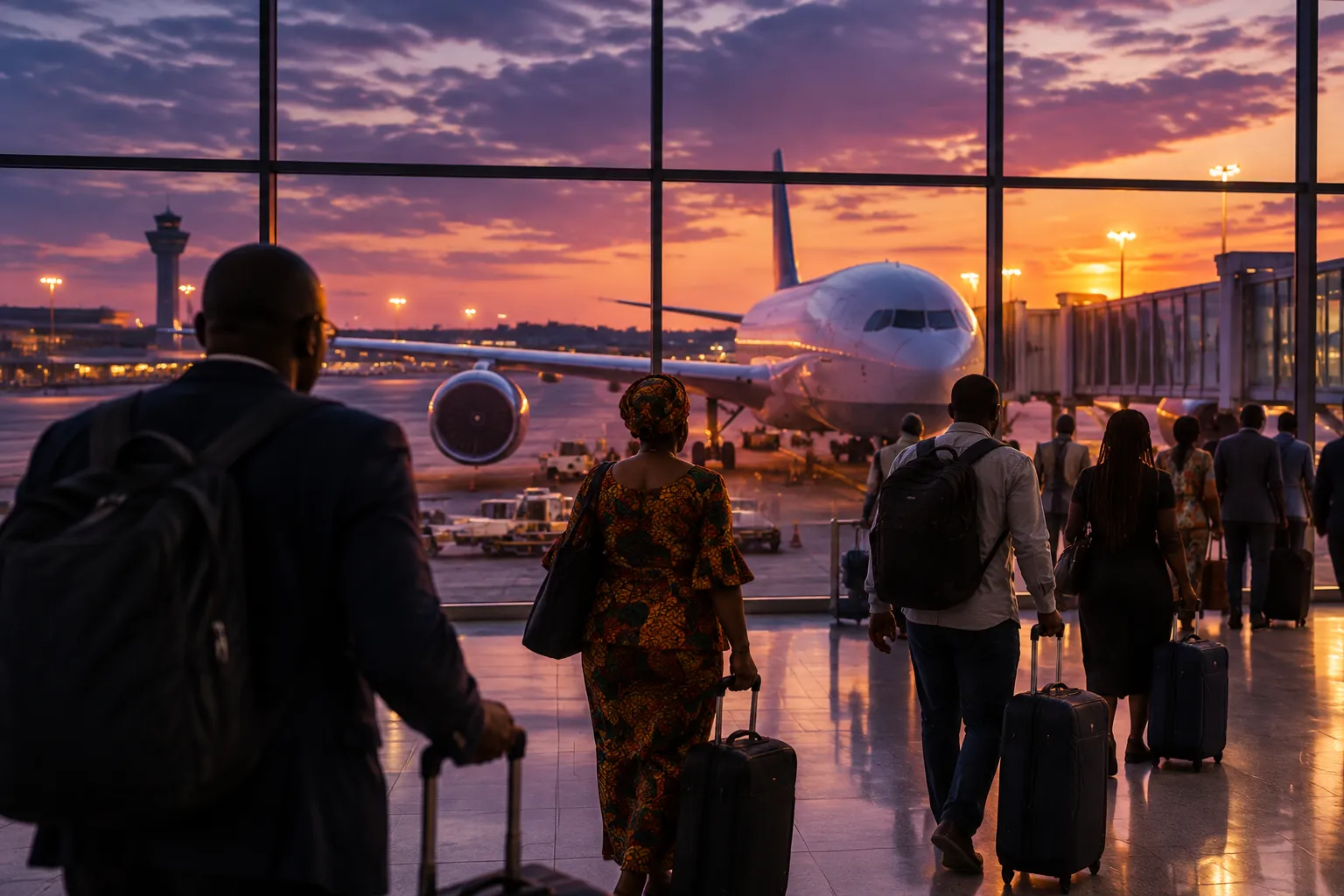 An aircraft at a departure gate at dusk on the Lagos to Luanda route