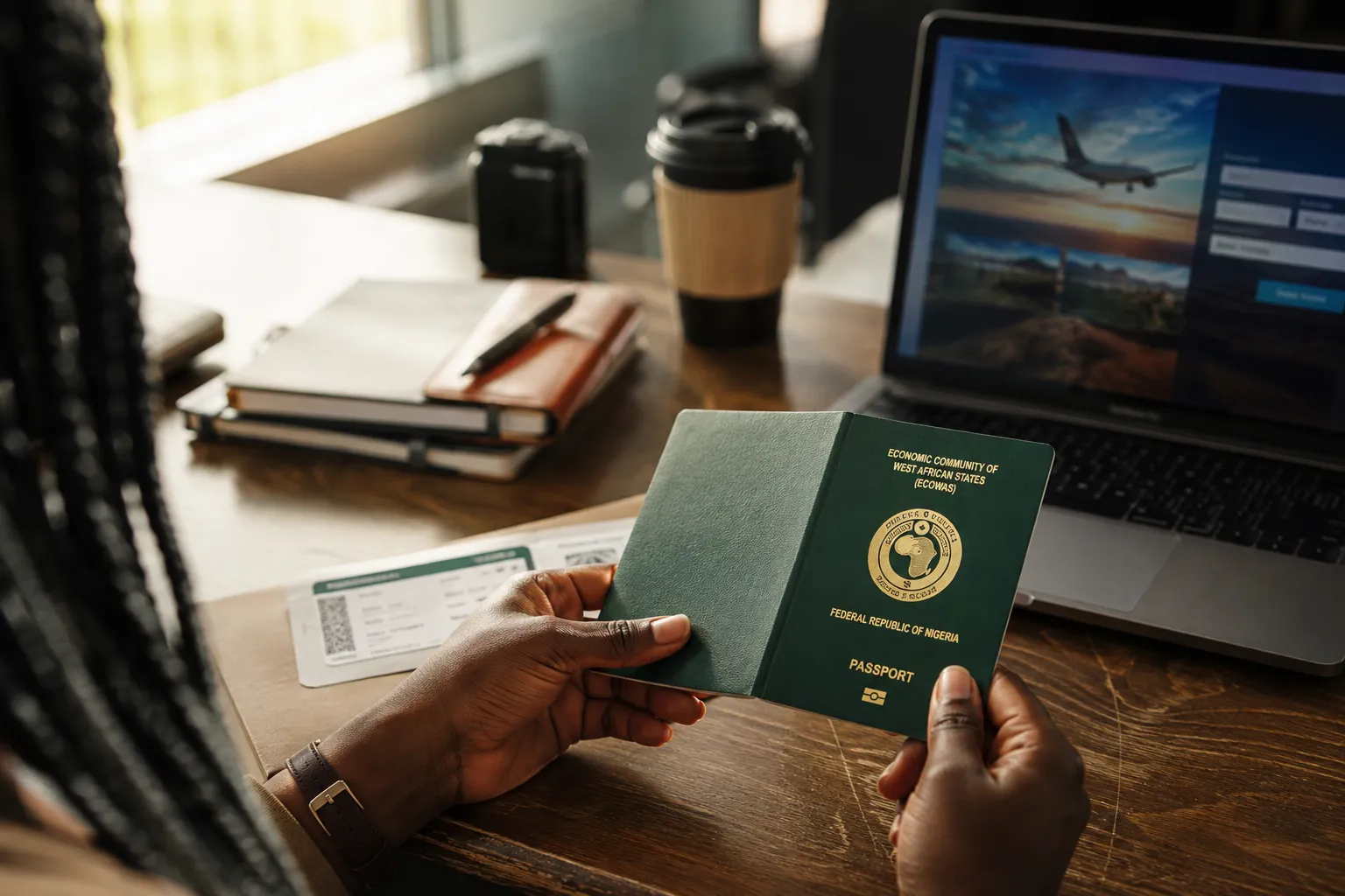 A Nigerian passport and boarding pass on a desk beside a laptop