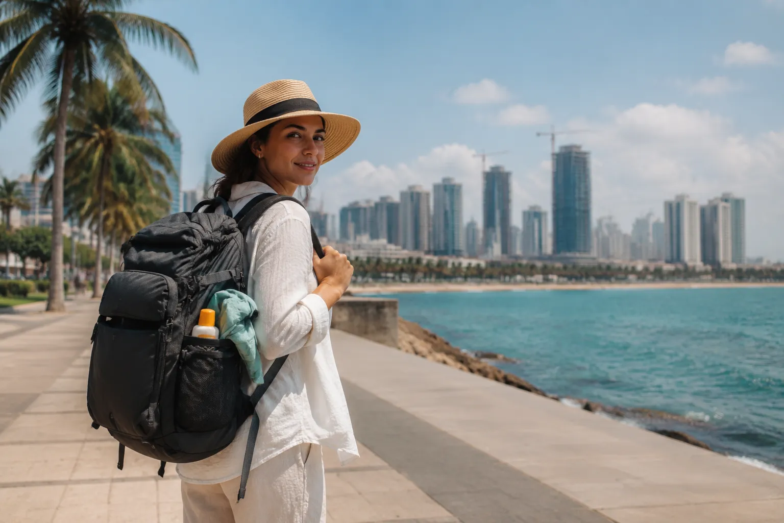 A traveller dressed for Angola’s tropical coastal climate on the Luanda Marginal