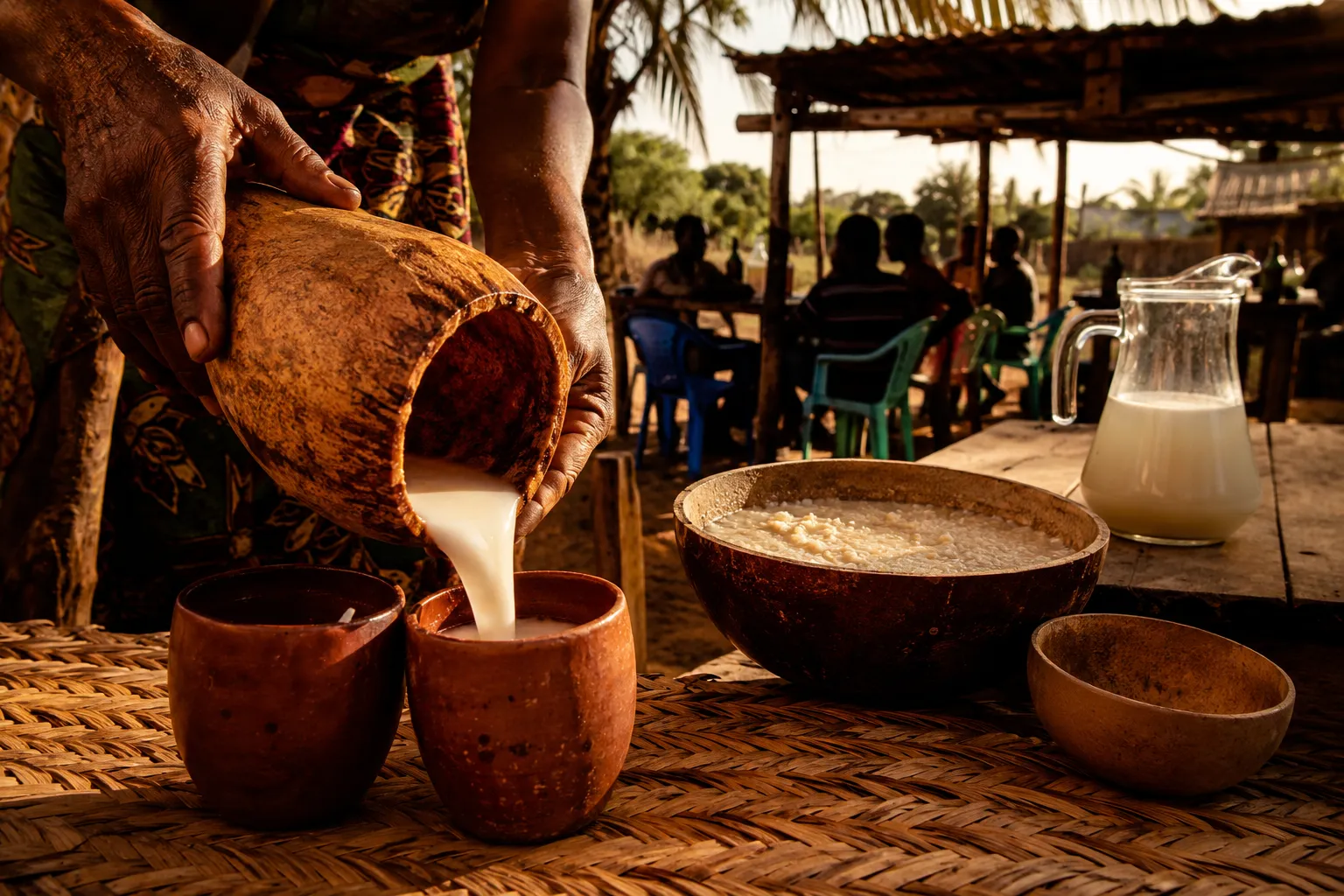 Hands pouring cloudy white kissangua from a calabash gourd into clay cups