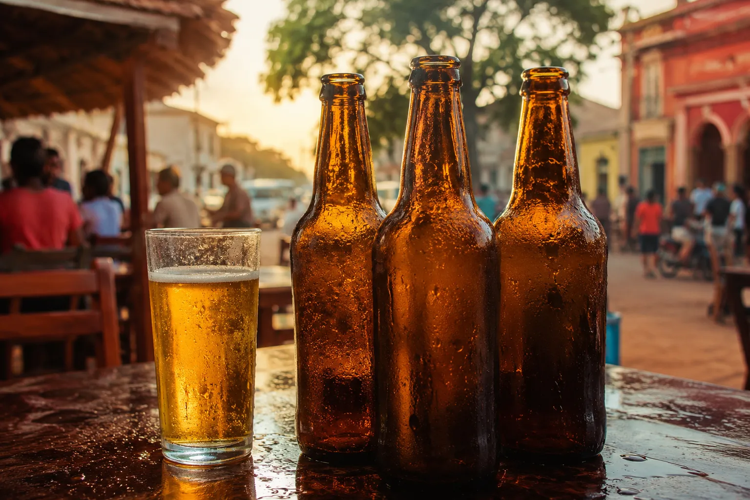 Cold beer bottles beaded with condensation on a table at an open-air bar in Angola at dusk
