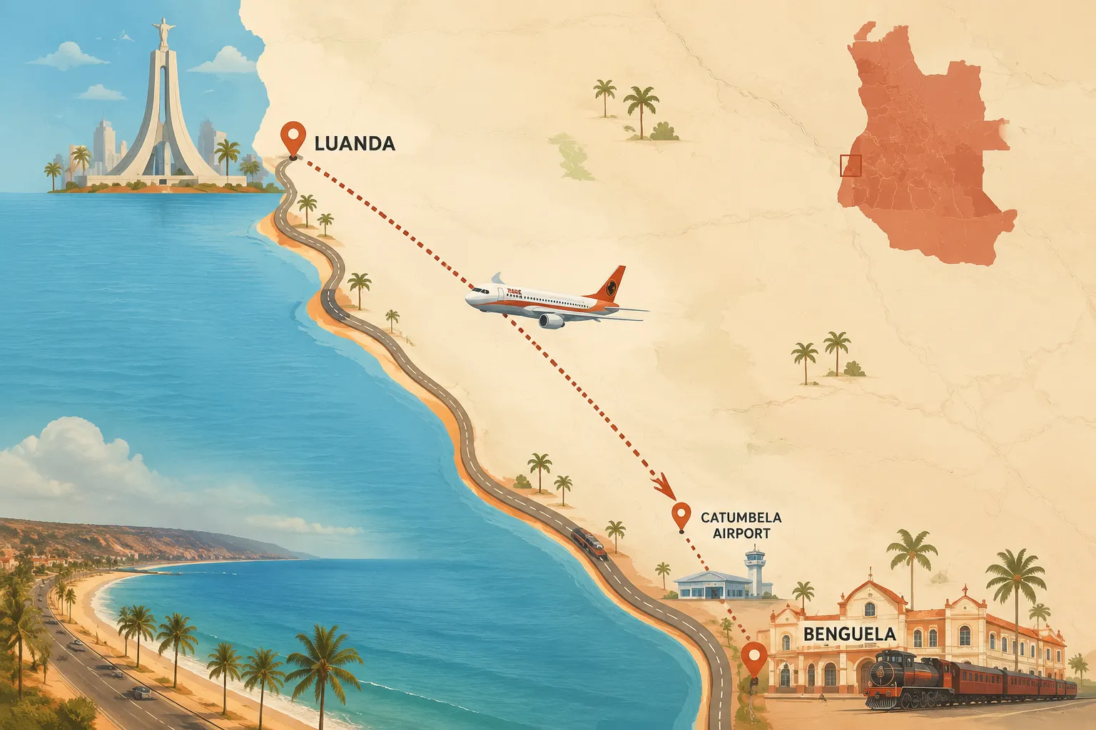 Map of the air and coastal-road routes from Luanda to Benguela
