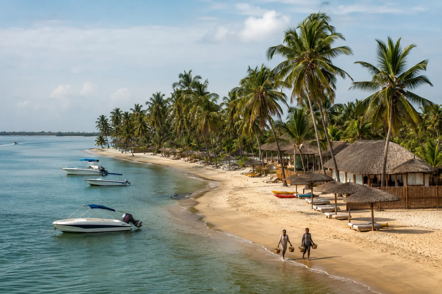 The curving sandy peninsula of Ilha do Mussulo near Luanda, with a calm turquoise lagoon, anchored boats and palm-lined beach cabanas