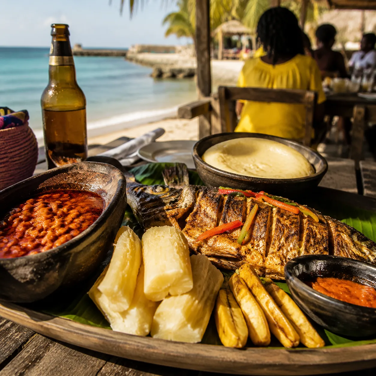 A mufete of grilled fish, beans in palm oil, cassava and plantain at a beachside restaurant