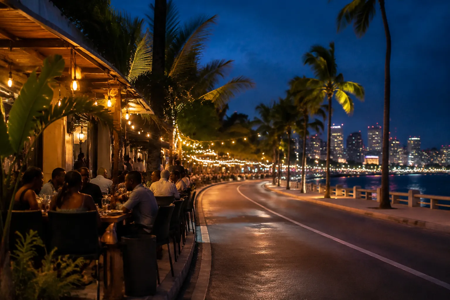 The Ilha do Cabo restaurant strip lit up at blue hour