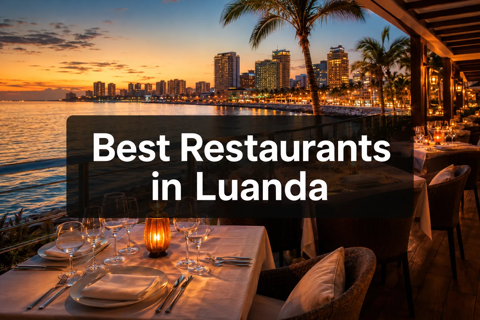 A waterfront restaurant terrace on the Luanda Marginal at sunset