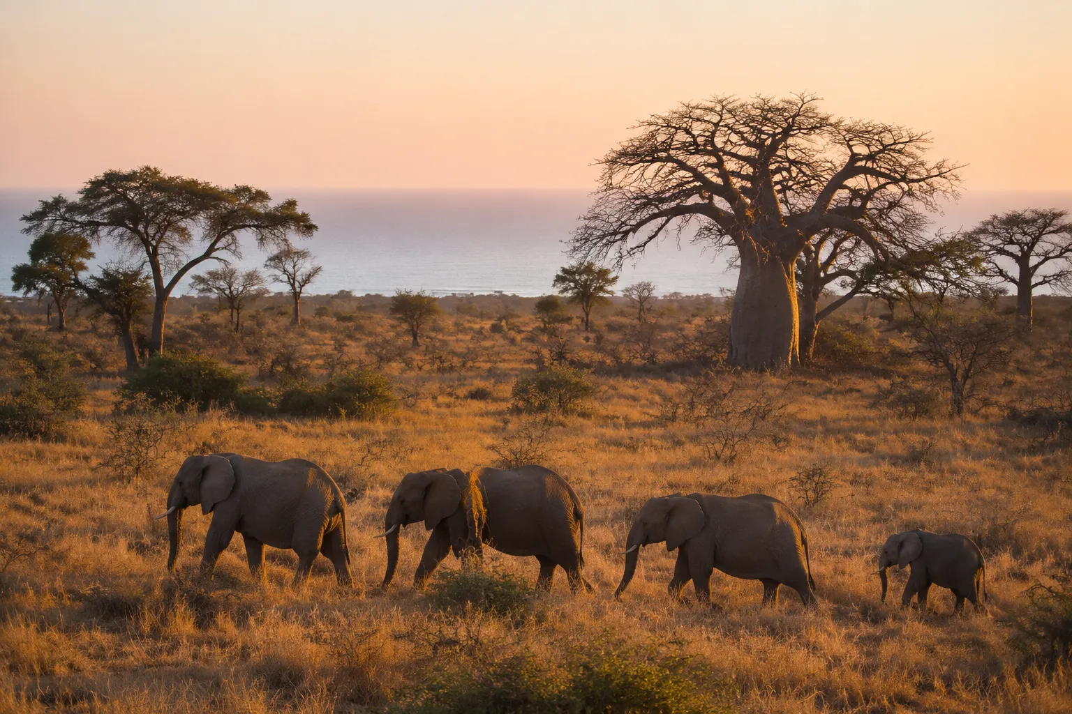 Elephants walking through the savanna of Kissama National Park at sunrise