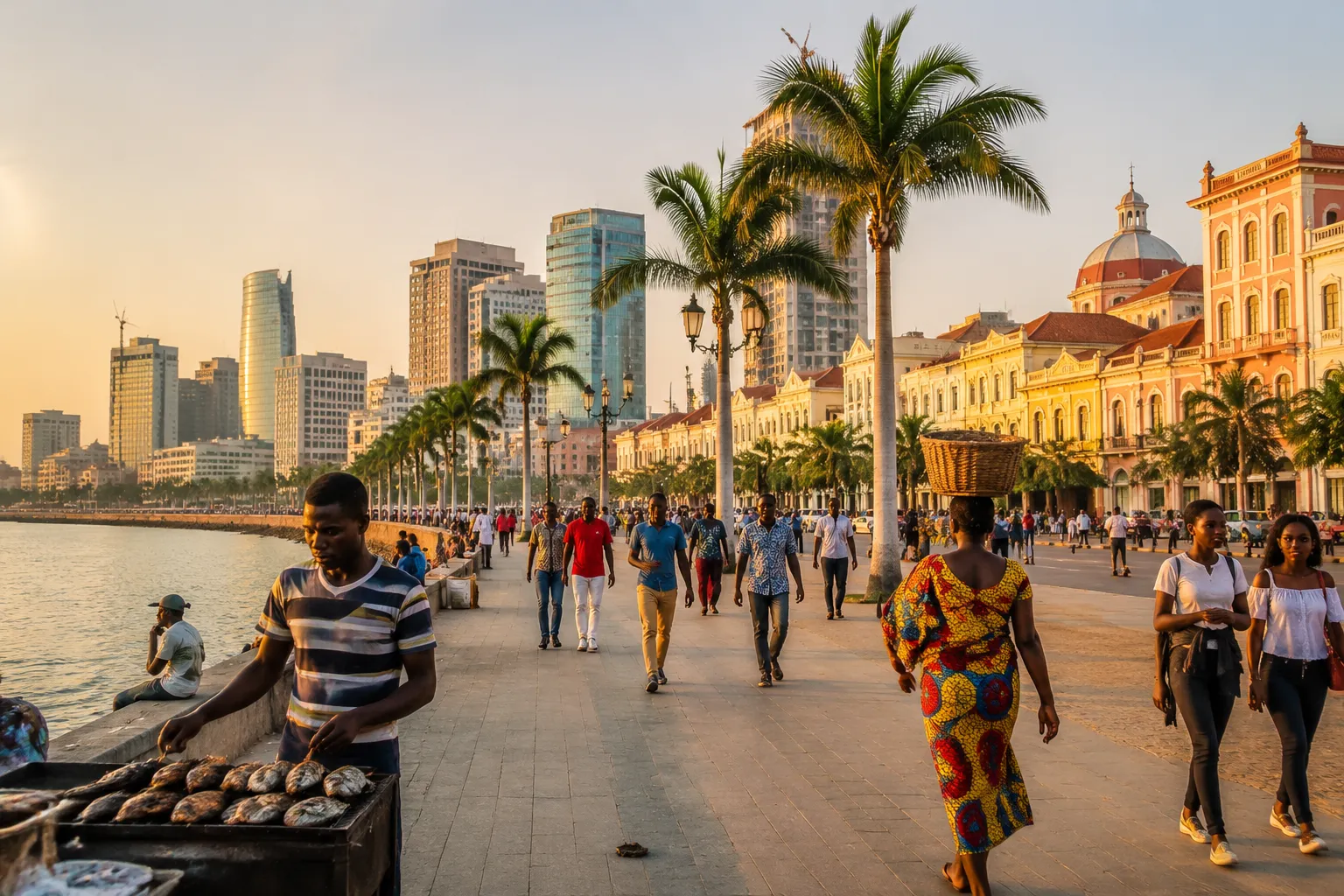 Street life along the Marginal promenade in Luanda at golden hour
