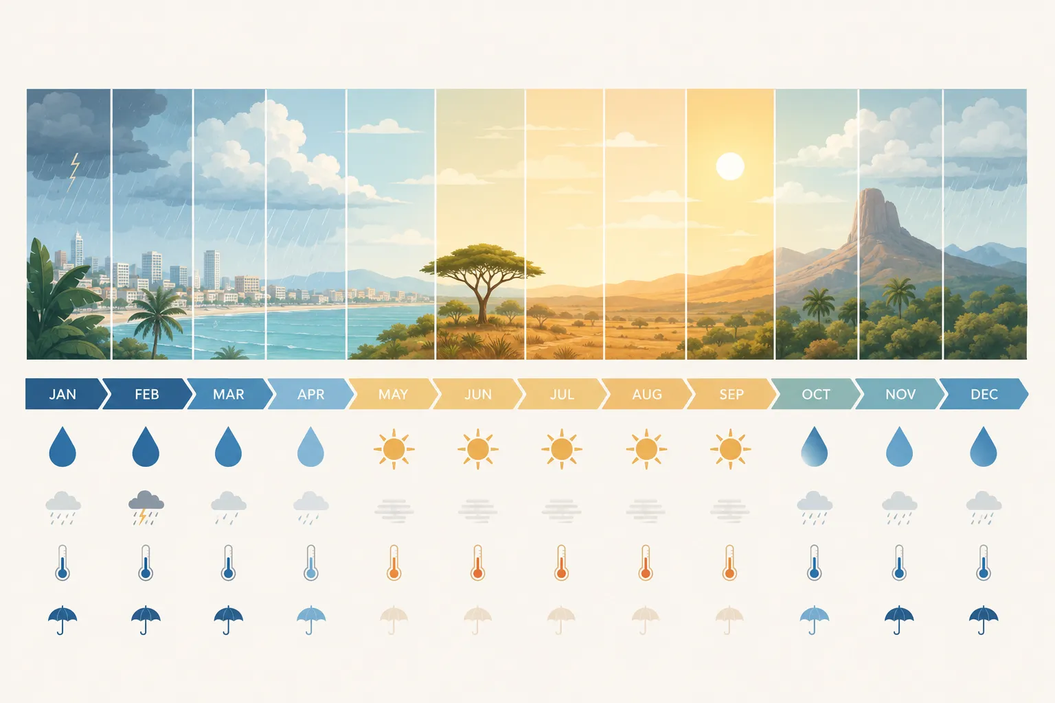A month-by-month infographic of Angola’s wet and dry seasons