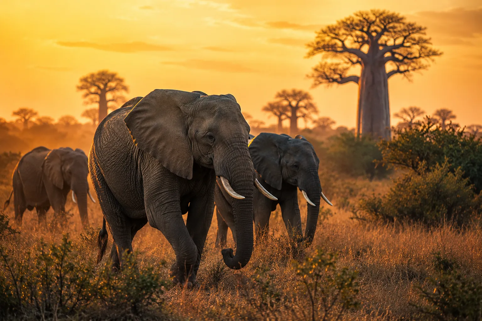 African elephants crossing the savanna in Kissama National Park at dusk