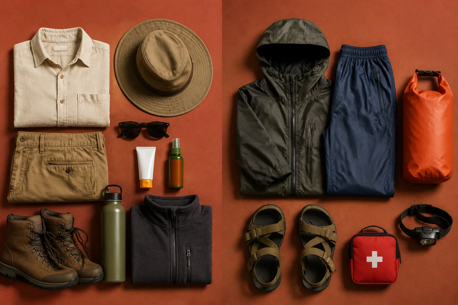 A flat-lay of packing essentials for Angola’s dry and rainy seasons